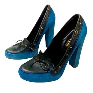 Alviero Martini 1'a Classe Heel Moccasin Blue Suede Green Leather RARE 7.5